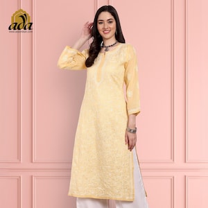 Ada Indian Hand Embroidered Chikankari Cotton Blend Tunic Kurta Kurti for women Boho Dress Ethnic Wear Daily Wear Casual Wear