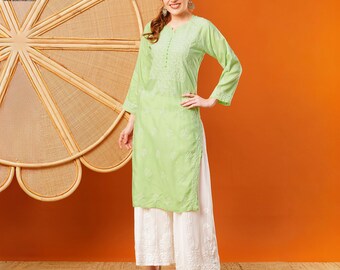 Ada Hand Embroidered Chikankari Cotton Kurta For Women - Black Straight Cut Tunic (Length 46") - View #4