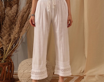 Ada Indian met de hand geborduurde losse pasvorm witte katoenen chikankari palazzo broekculottes voor dames