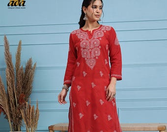Ada Indian Authentic Chikankari Pure Cotton knee length Kurti Kurta Tunic Dress for Women Formal wear Top Blouse Shirt Kameez gift for Her