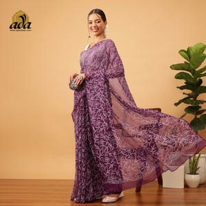 Ada Georgette Saree with Unstitched Blouse Fully Hand Embroidered Indian Outfit Ethnic Wear Traditional Chikankari Saree for Women Free Size