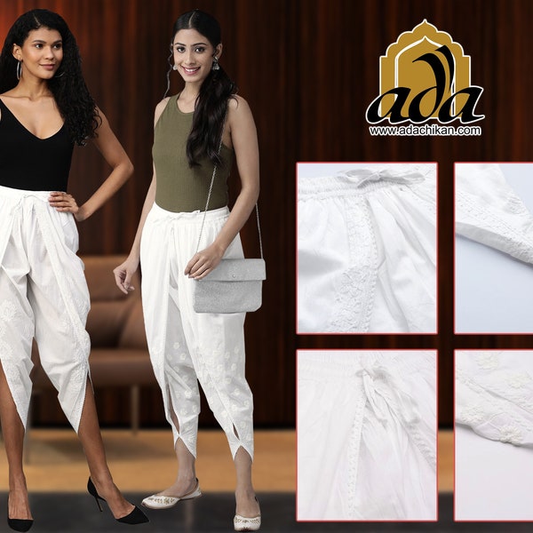 Pantalon dhoti/sarouel Lucknowi Chikankari en coton blanc, confortable et tendance fait main pour femme avec de jolis motifs de fleurs et de la dentelle garnie