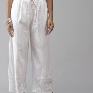 Ada Indian Hand Embroidery Designer Lucknowi Chikankari Cotton Wide Leg Flared Loose Fit Palazzo/Pant/Culottes for Women