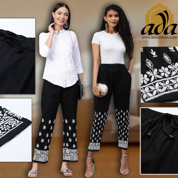 ADA Hand Embroidered Black Cotton Lucknowi Chikankari Indian Palazzo/Pants for Women, Best for All Seasons