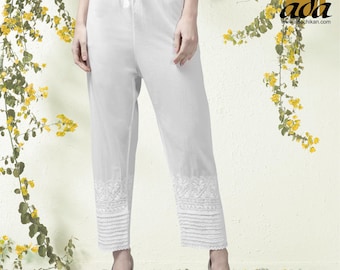 Pantaloni palazzo in cotone Ada Chikankari per donna, con coulisse e ricamo indiano a mano