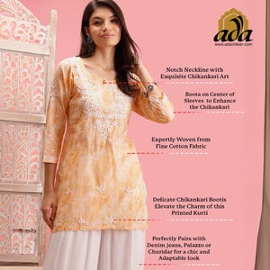 Ada Indian Handcrafted Chikankari Cotton Tunic/Kurti/Top Floral Printed Short Kurta Shirt Blouse for Women Office/Formal Wear Summer Dress