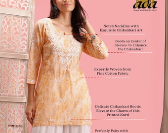 Ada Handcrafted Chikankari Floral Cotton Tunic Short Kurti Kurta Indian Ethnic Dress for Women