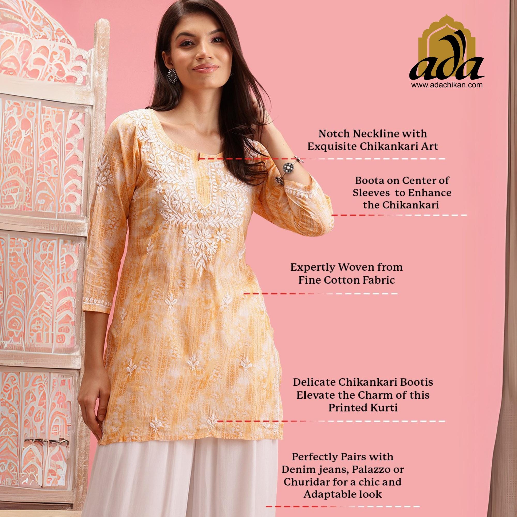 Haut Long Brodé Chikan Kurti Femme - Coton Blanc - Taille 16 - Style Ethnique Indo-pakistanais