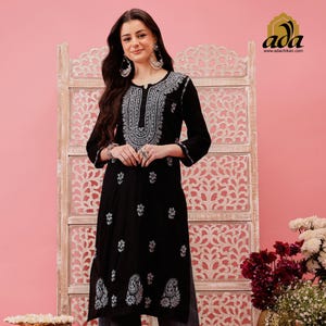Ada Indian Chikankari Hand Embroidered Cotton Kurta Kurti for Women Latest Design Straight Knee Length Tunic Top Shirt Kameez Ethnic Dress