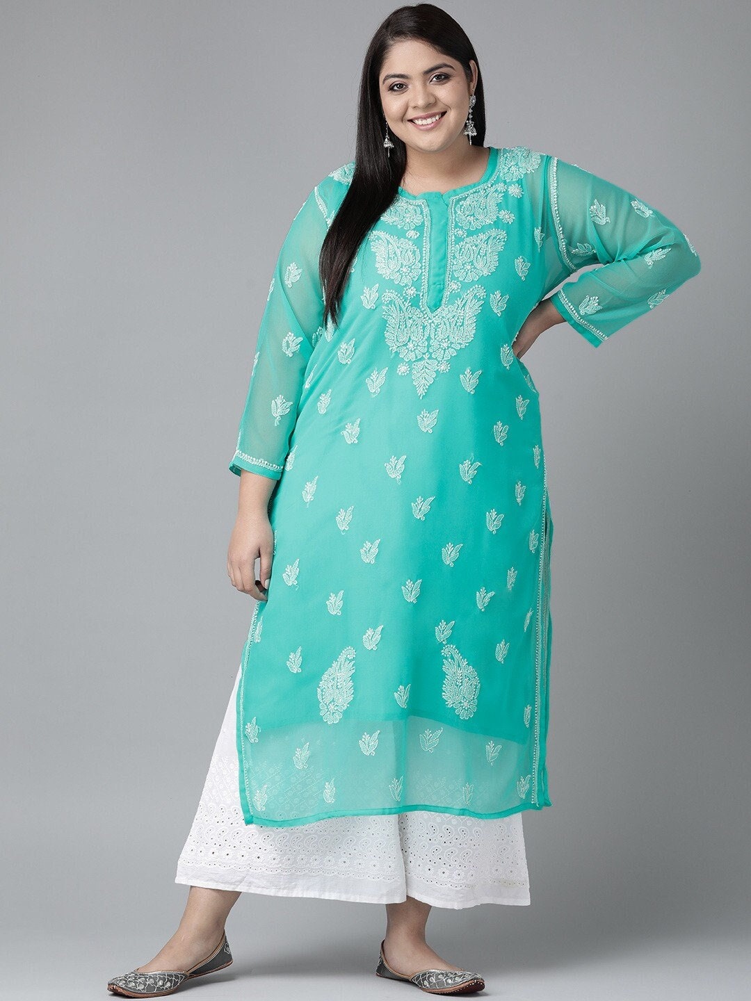 FREE INNER Plus Size Hand Embroidered Sea Green Georgette - Etsy