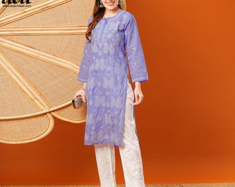 Indian Designer Cotton Hand Embroidered Chikankari Kurta Kurti Chikan work Top Tunic Yoga Shirt Ethnic Dress for women gift for her by ADA