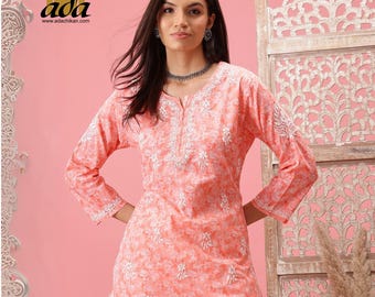 Ada Indian Chikankari Cotton Top Tunic Blouse Casual Wear Latest Designer Floral Printed Chikan Embroidery Short Kurti Kurta Shirt for Women