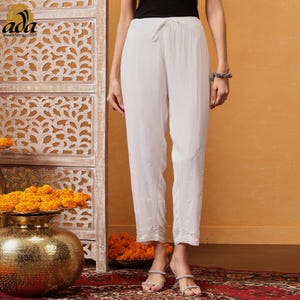 Ada Indian Hand Embroidered White Viscose Georgette Chikankari Flared Palazzo Pant Chikan Hand Embroidery Sharara Culottes Bottom for Women