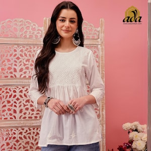 Ada Handmade Chikankari Cotton Tunic/Kurti/Top Designer Short Kurta Shirt Blouse for Women Office/Formal Wear Summer Dress Indian Clothing