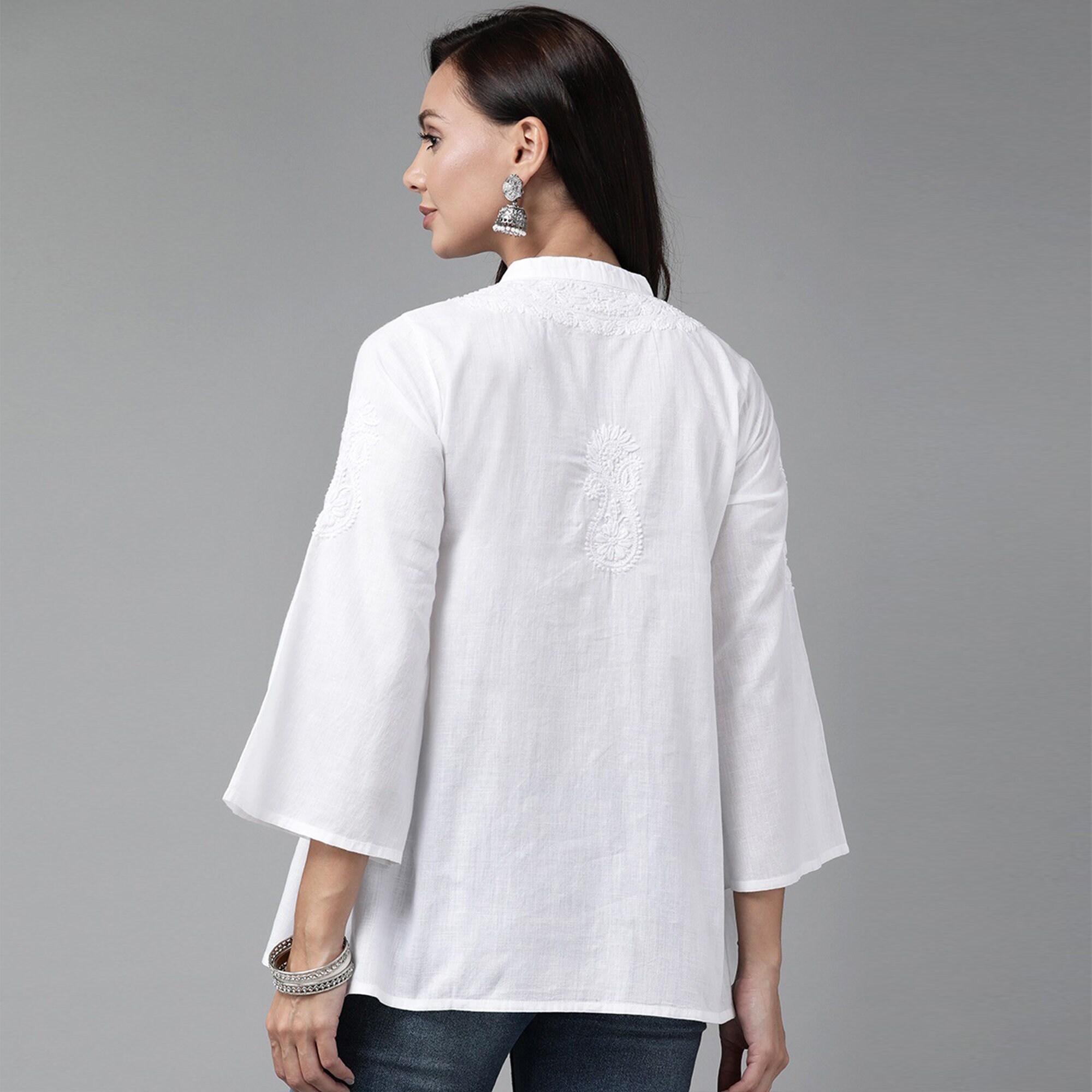 Ada Women's Hand Embroidered Chikankari Cotton Kurti - White Traditional Indian Top Tunic - View #5