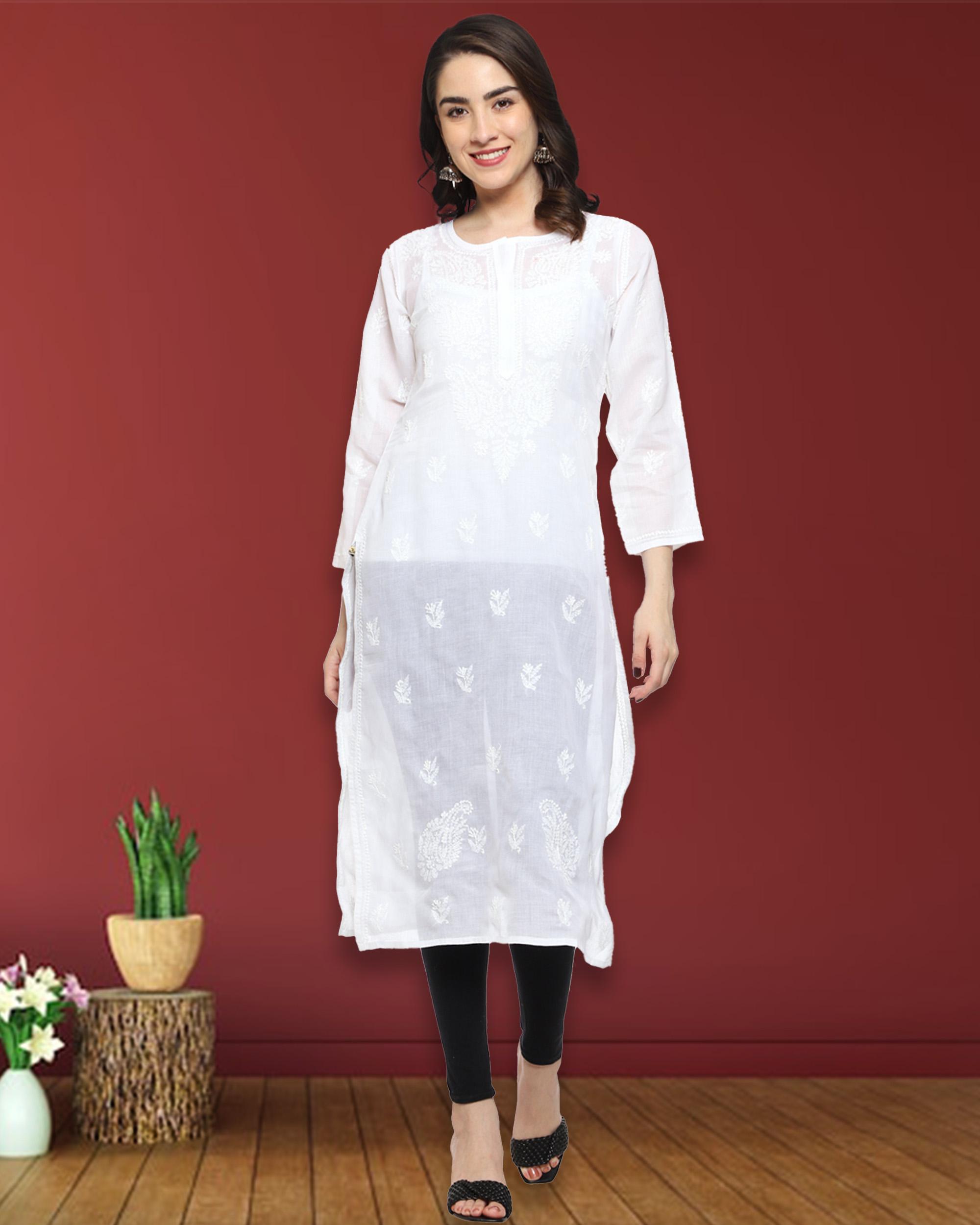 TFGO Lucknowi Chikankari - Vestido De Verano Para Mujer, Ropa India, Bordado A Mano (as8, Alfa, Xx_l, Regular, Regular), Blanco, XXL
