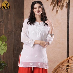 Indian hand embroidered short kurta kurti with slip designer chikankari georgette tunic shirt blouse plus size summer tops for women by ADA