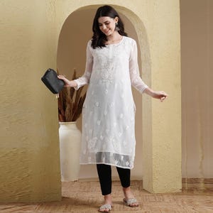Ada Indian Handmade Georgette Embroidered Chikankari Kurta Kurti with Matching Inner Ethnic Party Wear Tunic Dress Christmas gift for women