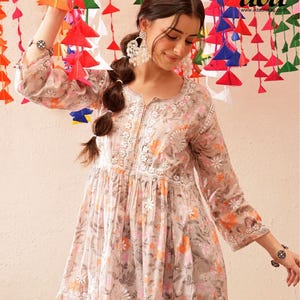 Ada Hand Embroidered Floral Design Cotton Tunic Top Shirt Indian Chikankari Ethnic Wear Printed A-Line Short Kurta Kurti Dress for Women