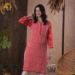 Ada Indian Chikankari Handmade Zari Work White Cotton Lucknowi Kurti/Kurta Ethnic Wear with Button Chikan Tunic Boho Shirt for Women