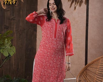 Vestido indio Ada Chikankari Georgette Kurta Kurti, túnica bordada a mano, talla grande, para mujer
