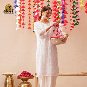 Ada Indian Chikankari Hand Embroidered Georgette Kurti Kurta Tunic Tops with Slip, Chikan Shirt Blouse Kameez for Women Formal/Office wear