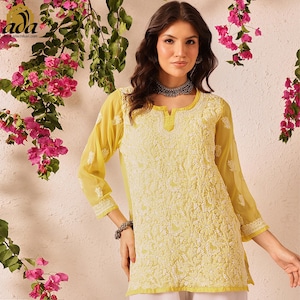 Ada Indian Hand Embroidery Chikankari Georgette Tunic Short Kurta Kurti for Women Chikan Top Blouse Shirt Round Neck Daily Wear Summer Dress
