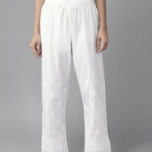 Ada Indian Hand Embroidered White Cotton Chikankari Palazzo Culottes for Women Casual Wear Comfortable Ladies Lower Bottom Pant