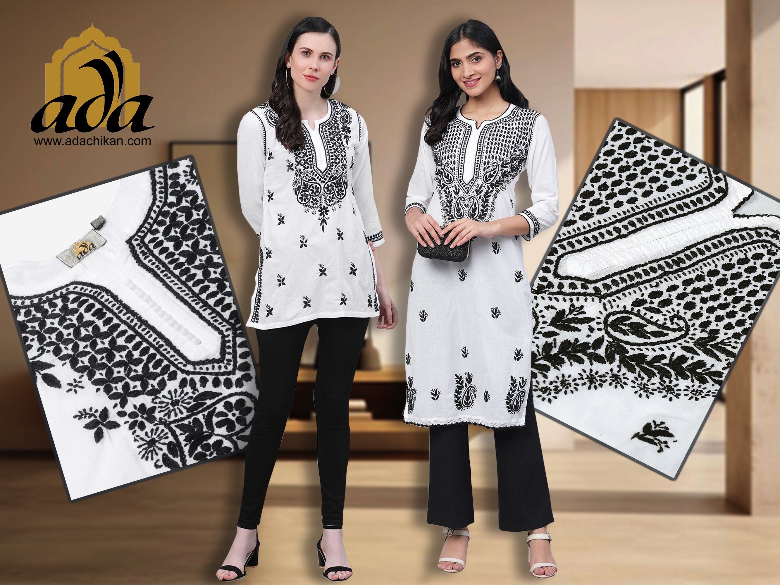 Cotton Black And White With Cerise Pink Embroidered Flowers Kurti –  Heritage India Fashions