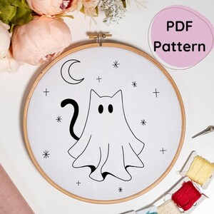 Hand Embroidery Pattern Halloween Cat: spooky ghost desing art hoop, instant PDF download, beginner-friendly, includes basic guide with tips