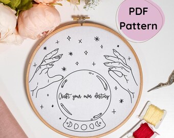 Hand embroidery pattern Mystic Fortune Teller Hoop Art witch magic, instant download, ideal for beginners and intermediate level basic guide