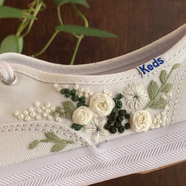 Made to order- Embroider your wedding bouquet on Keds - Hand embroidered Keds- Custom Sneakers-Wedding Keds-Bridal Keds-Valentine's Day gift