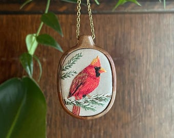 Cardinal - Hand embroidered necklace - Cardinal in Snow - red bird embroidery -Hardwood pendant -2nd Anniversary cotton -Christmas gift