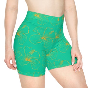 Hibiscus tropical floral beach Women's Biker Shorts teal blue orange flower trendy print design