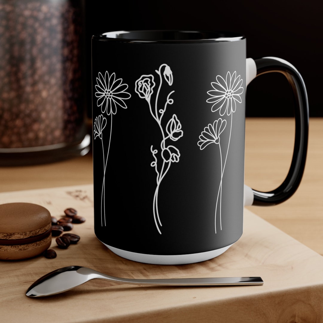 April Birth Flowers White on Black Mug - Daisy and Sweet Pea - Custom ...