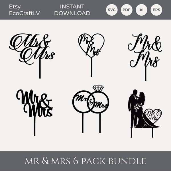 FICHIER NUMÉRIQUE Mr & Mrs Bundle Cake Topper SVG, Cake topper découpé au laser, bundle, Cake topper svg, Wedding Cake Topper, Mr et Mme, Cake Topper