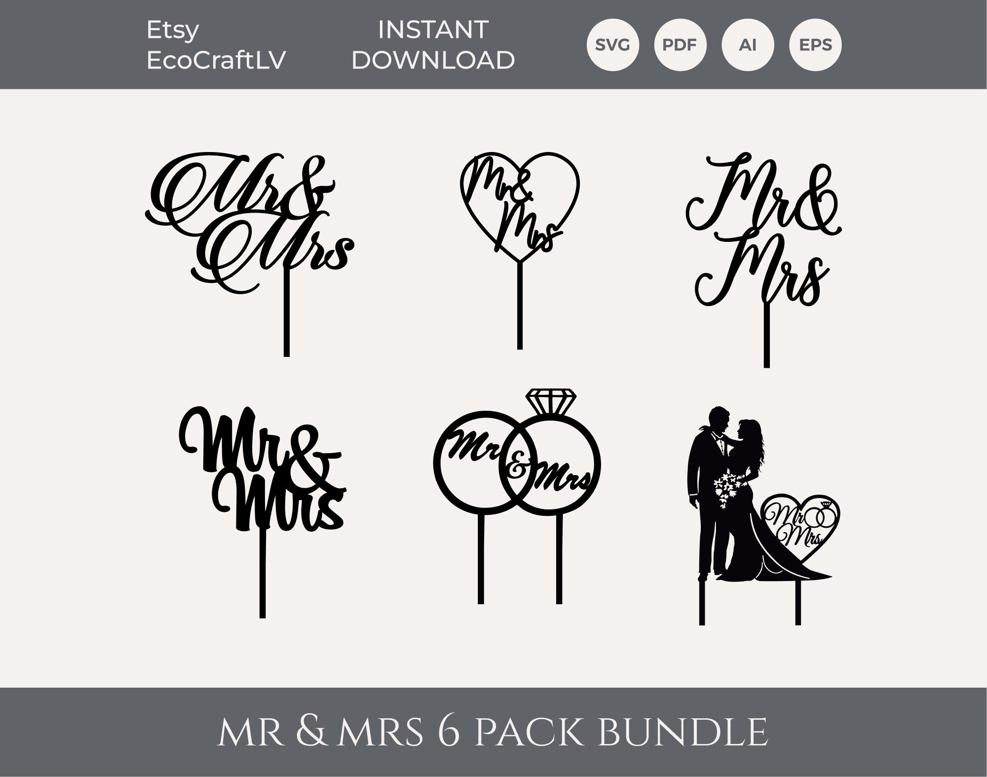 DIGITAL FILE Mr & Mrs Bundle Cake Topper SVG, Cake Topper Laser Cut