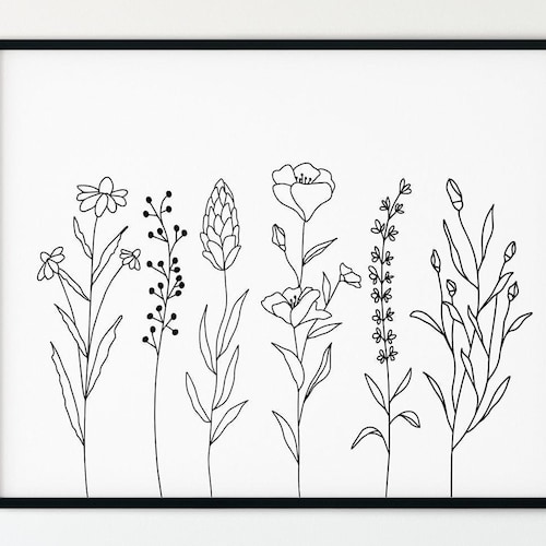 Botanical Line Art Print Black and White Botanical Printable Etsy