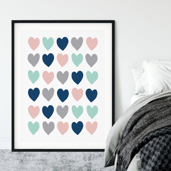 Nursery Wall Art, Heart Wall Art, Blush Pink, Mint Green, Navy Blue, Gray, Girls Room Decor, Printable Wall Art