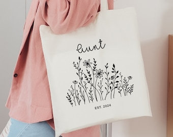 Custom Wildflower Aunt Tote Bag Gift, Pregnancy Reveal to Auntie, Baby Announcement, Personalized Aunt Gift, Aunt To Be Gifts, Birthday Gift