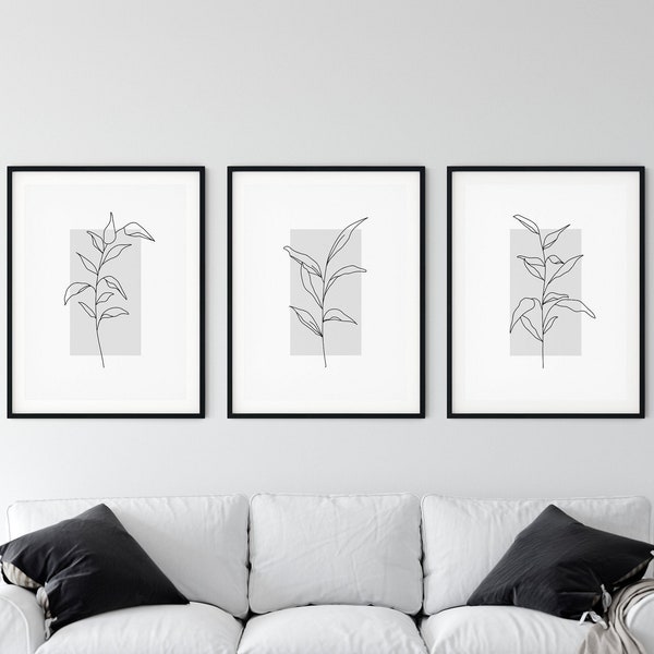 Moderne botanische Druck Set von 3, schwarz und weiß Blatt Drucke, minimalistische Blätter Wandkunst, Linie Kunst druckbare