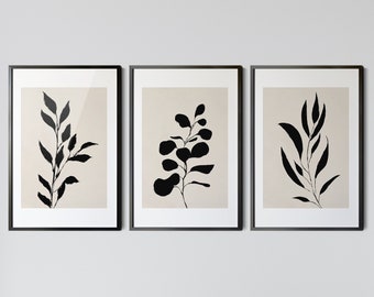 Botanical Print Set of 3, Black Beige Wall Art, Boho Wall Art, Neutral Floral Prints, Living Room Wall Art, Contemporary Poster Set, Modern