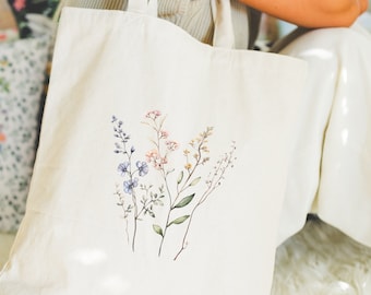 Aesthetic Floral Canvas Tote Bag for Women, Cute Tote Bag for School, Minimalist Wildflower Tote Bag, Summer Tote Bag, Flower Shopping Tote