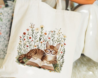 Cute Wildflower Cat Book Themed Canvas Tote Bag for Cat Moms and Book Lovers, Floral Aesthetic Tabby Cat Owner Gift, Bookworm Gift