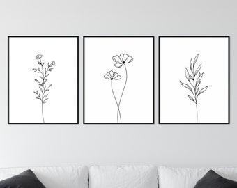 Botanical Print Set of 3, Botanical Line Art, Black and White Flower Prints, Simple Wall Art, Printable Wall Art, 3 Wall Art Prints