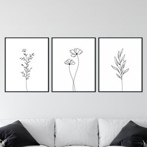 Botanical Print Set of 3, Botanical Line Art, Black and White Flower Prints, Simple Wall Art, Printable Wall Art, 3 Wall Art Prints