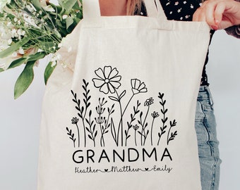 Custom Grandma Wildflower Canvas Tote Bag with Grandkids Names, Personalized Grandchildren Name Tote, Mothers Day Gift for Grandmother