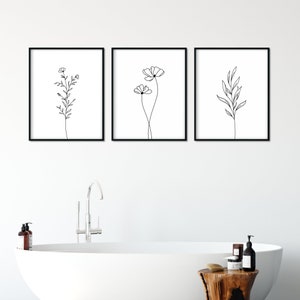 Botanical Print Set of 3, Botanical Line Art, Black and White Flower Prints, Simple Wall Art, Printable Wall Art, 3 Wall Art Prints image 6