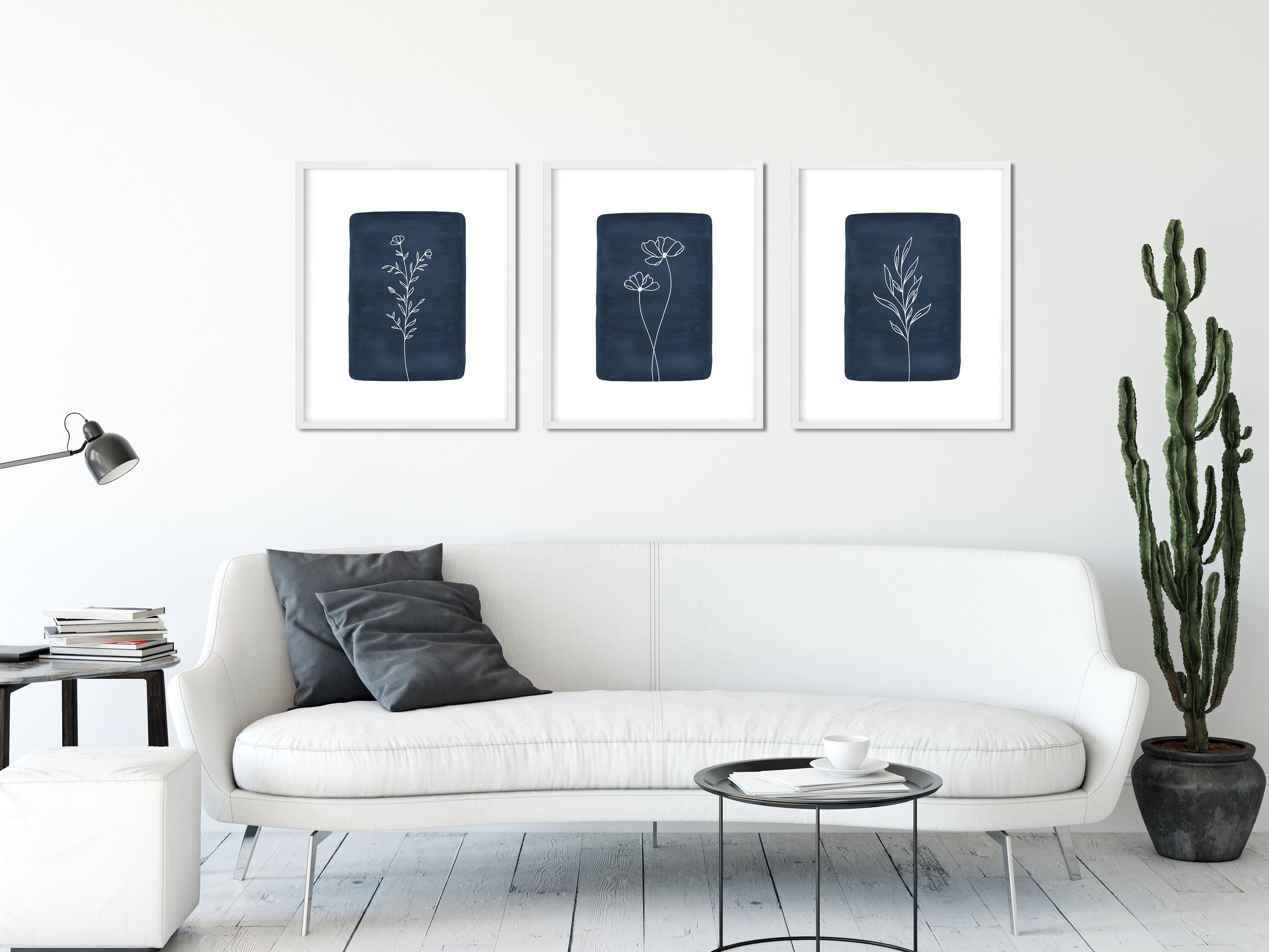 Navy Blue Wall Art Botanical Print Set of 3 Floral Wall Art - Etsy