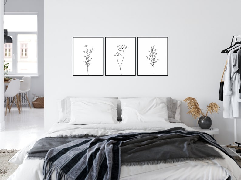 Botanical Print Set of 3, Botanical Line Art, Black and White Flower Prints, Simple Wall Art, Printable Wall Art, 3 Wall Art Prints image 5